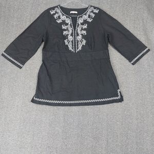 COVINGTON WOMEN BLACK WHITE EMBROIDERED BEADED LINEN BLEND 3/4 SLEEVE BOHO TOP M